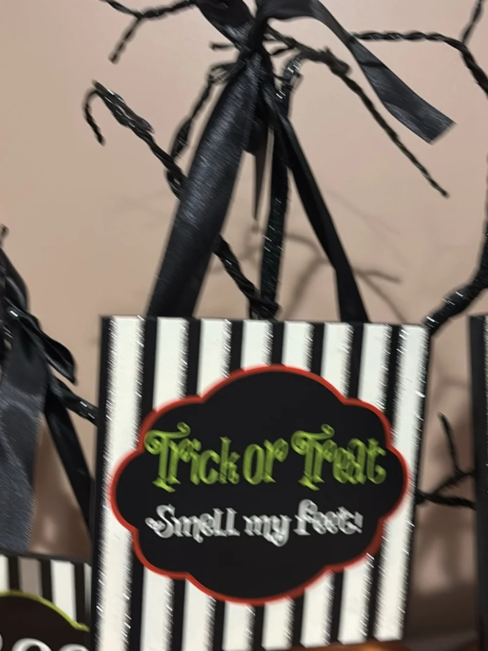 Halloween Trick or Treat Hanging tree with ornaments Black & White Stripe